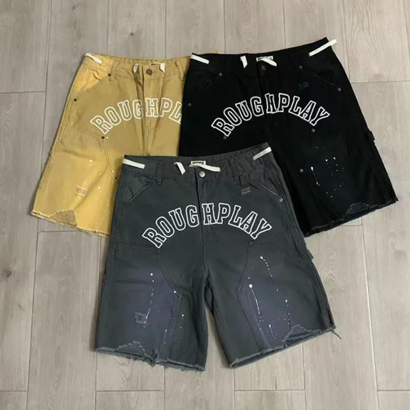 Rough Play Casual Shorts Men Women Distressed Raw Hem Letter Print Streetwear Shorts