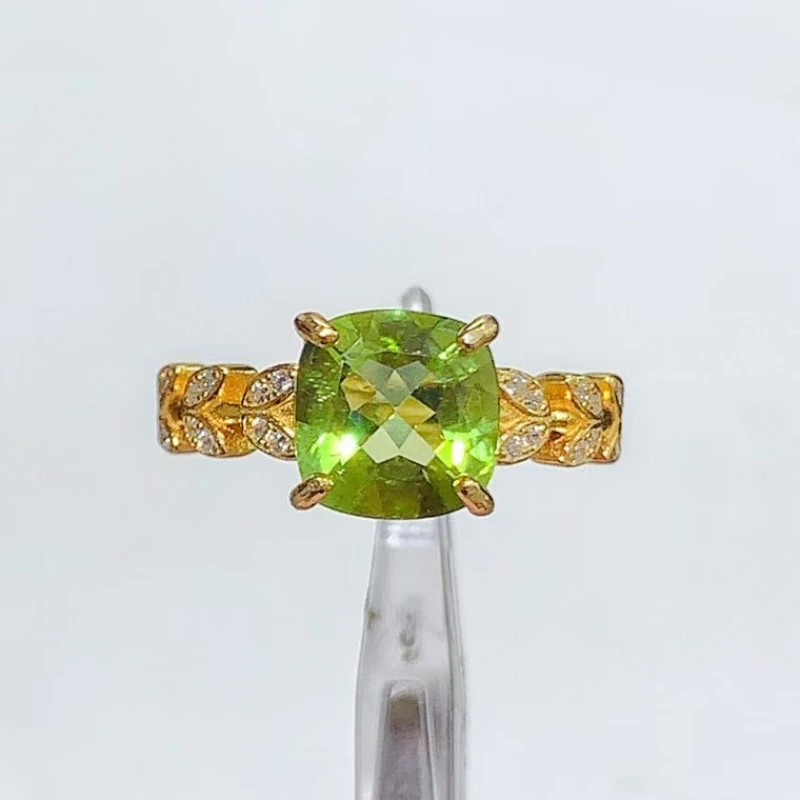 925 Sterling Silver Natural Peridot Ring 8mm Certified Peridot Silver Jewelry Gold Plated Cushion Cut Leaf Band Gemstone Ring
