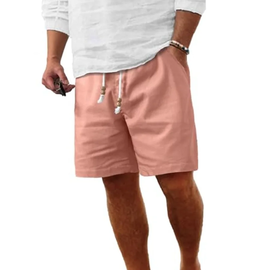 Men's Linen Shorts Casual Elastic Waist Drawstring Summer Beach Vacation Yoga Golf Shorts with Pockets