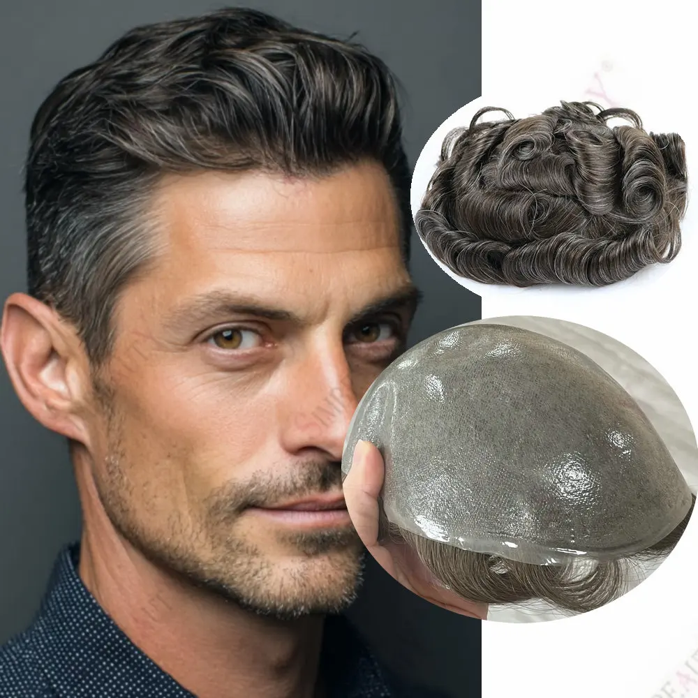 Men's #310 Grey Brown Blonde Wigs Human Hair Natural Hairline Capillary Prosthesis System Durable 0.06mm Thin Skin V Loop Toupee