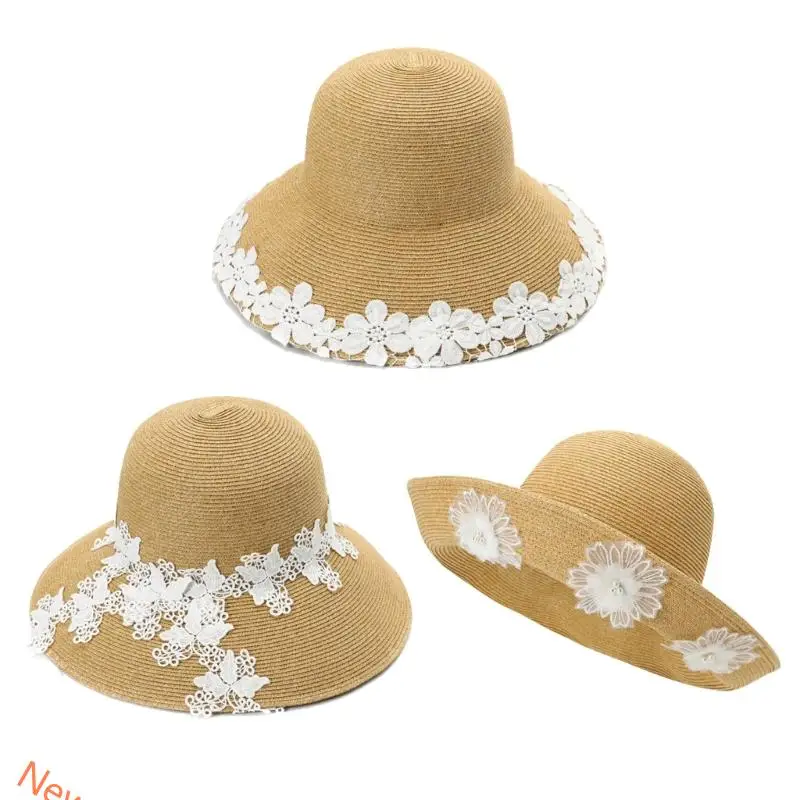 Adjustable Woven Straw Sun Hat Adorned With Feminine Lace Flowers Great For Summer Adventures And Relaxation Handcrafts LXAD
