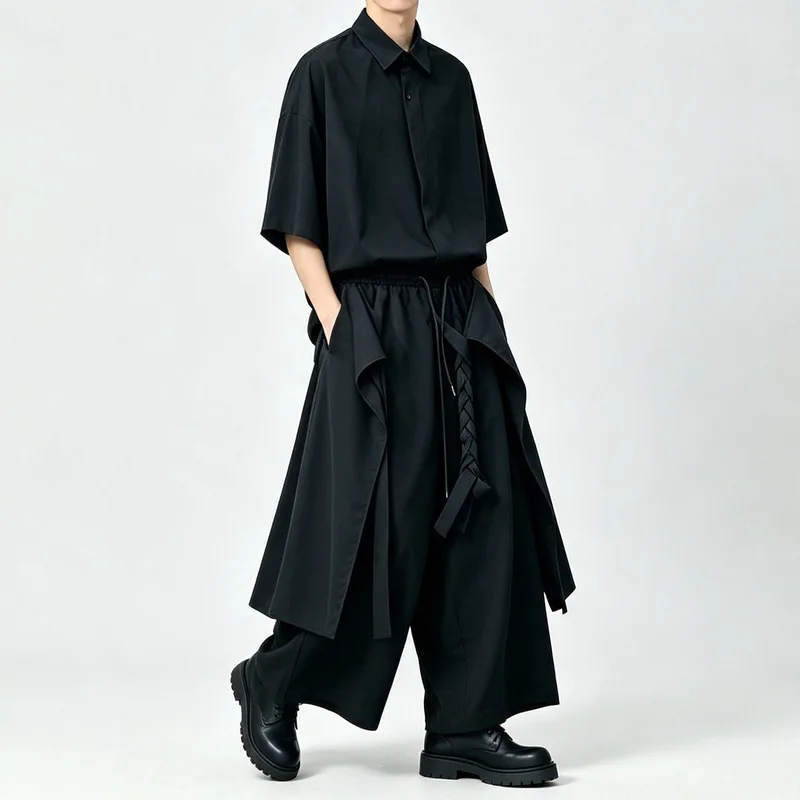 Men'S Casual Dark Wide-Leg Pants, Loose-Fitting, High-Waisted, Cropped Length, Featuring A Braided Design, A124