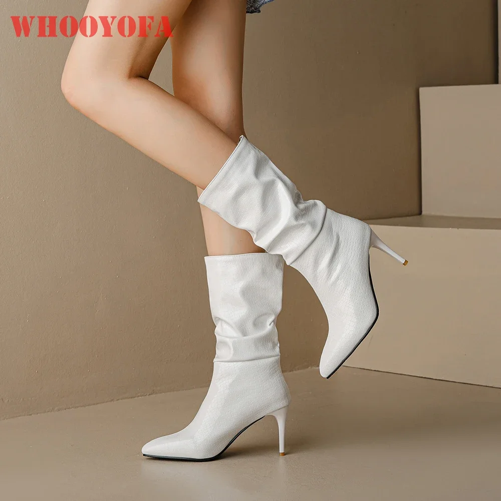 New Winter Fashion White Black Women Mid Calf Slouch Boots Sexy Thin High Heel Lady Party Shoes Plus Big Size 10 43 45 48
