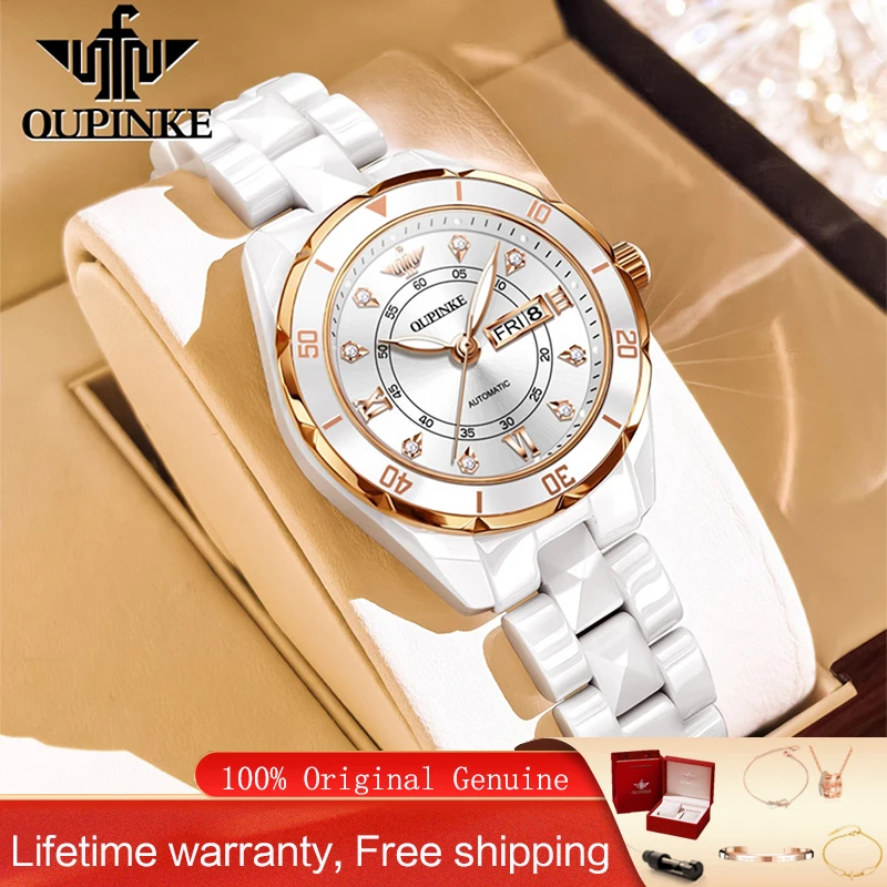 OUPINKE Original Luxury Women's Automatic Mechanical Watch 50M Waterproof Ladies Wristwatch Dual Calendar Diamond Female Clock