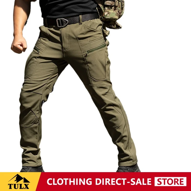 Cold Resistant Tactical Pants Men Plush Elastic Slim Fit Multi-Pocket Thick Warm Work Pants Outdoor Skiing Winter Training Pants
