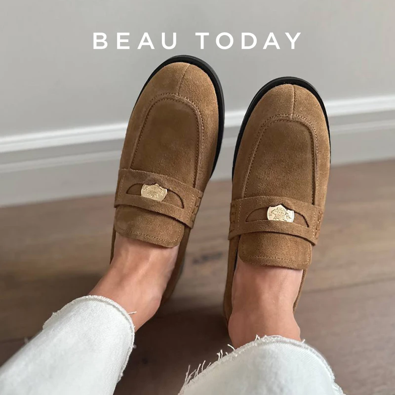 BEAUTODAY Penny Loafers Women Cow Suede Leather Flats Vintage Metal Cion Decor Sewing Female Casual Shoes 26189