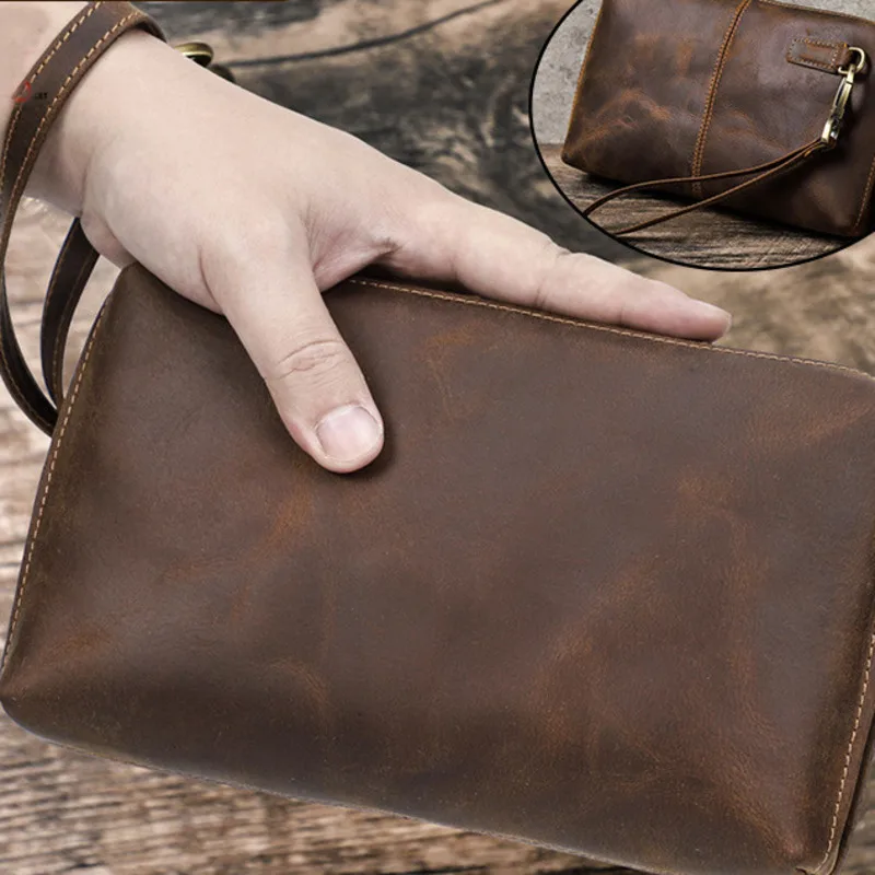 Anti Theft Brushing Crazy Horse Cowhide Men Handbag Wrist Strap Storage Bag Female Top-handle Bag Genuine Leather Handbags Woman
