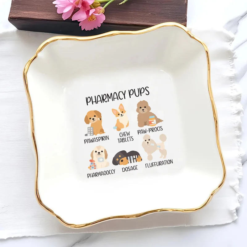 A Wedding Ring Dish Featuring Dog Patterns, Perfect As a Bridesmaid Gift for Women. This Trinket Tray Serves As a Keepsake Plate