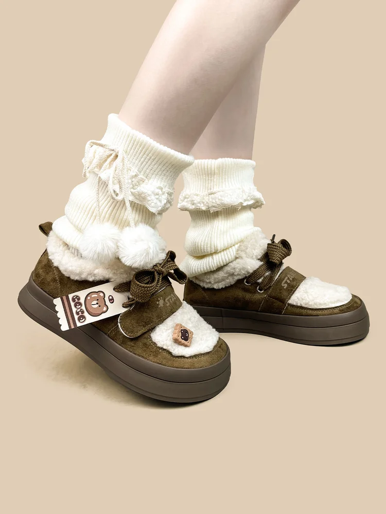 Brown Velvet Thick Soled Board Shoes Lolita Girls' Winter Thick Warm Cotton Shoes Cute Girls' Shoes