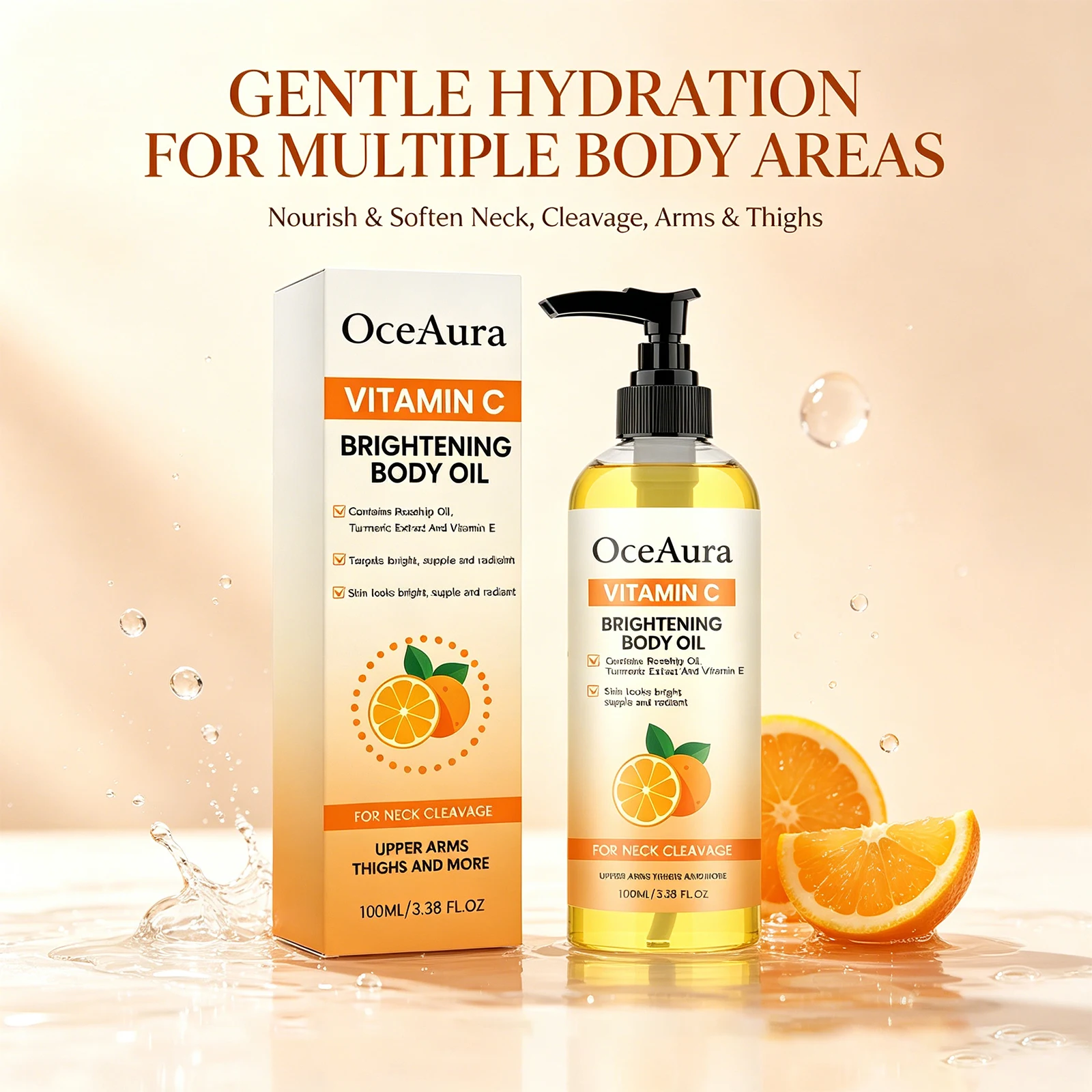 OceAura Vitamin C Body Oil Brightening Moisturizing Turmeric Rosehip Oil Dry Skin Smooth Radiant Neck Chest Arms Thighs 100ml
