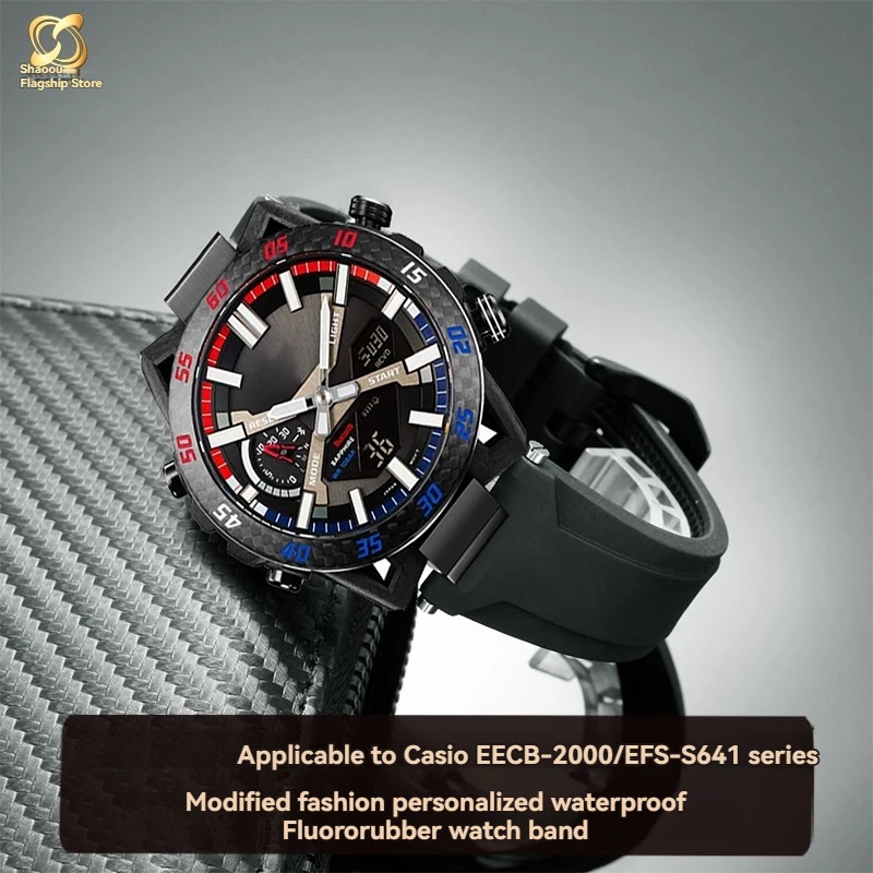 For Casio ECB-2000/HR/YCB EFS-S641TMS series fluororubber waterproof watch strap with stainless steel butterfly buckle accessori