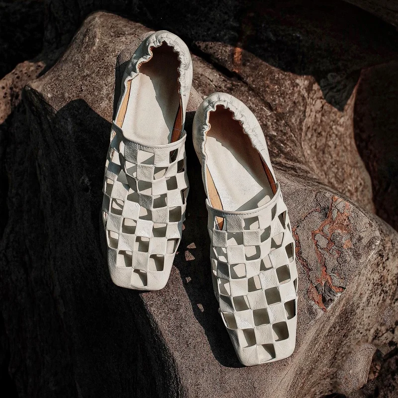 Hollow Out Square Toe Pumps Chunky Heels Shallow Pleated Women's Pumps 2025 New Summer Casual Office Solid Women Shoes