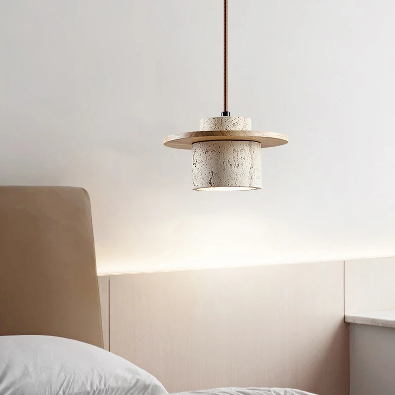 Stone Pendant Light With Round Wood Bedside Lamp Restaurant Home Chandelier E27 Bulb  Cord Adjustable