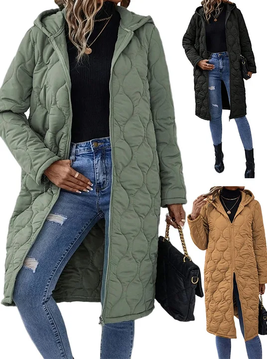 European American Style Women Long Hooded Quilted Coat Zip Front Loose Fit Casual Warm Winter Padded Outerwear