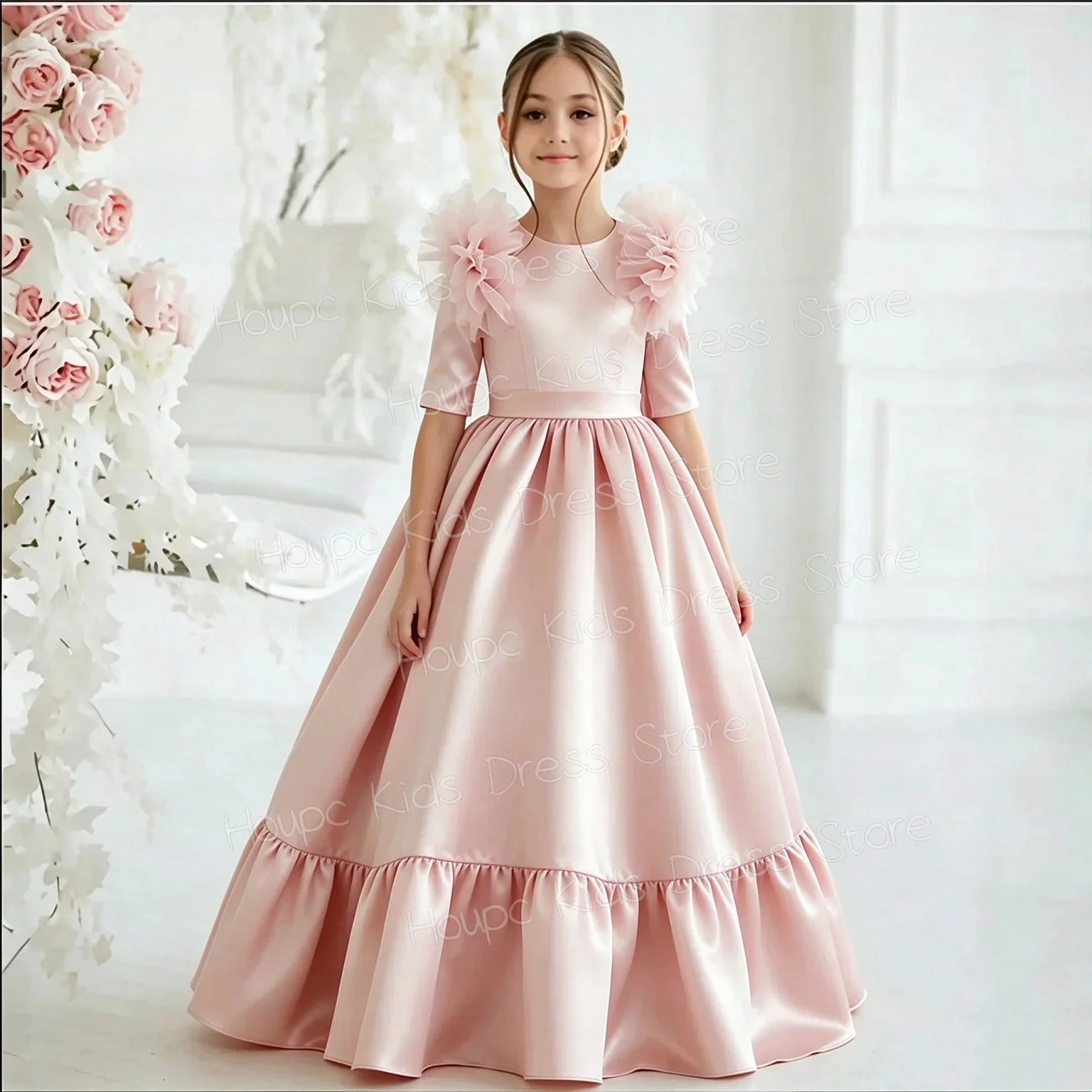 Custom Dusty Pink Satin Flower Girl Dress 3D Floral Shoulder Half Sleeve Ruffle Hem Long Gown Wedding Party Bridesmaid