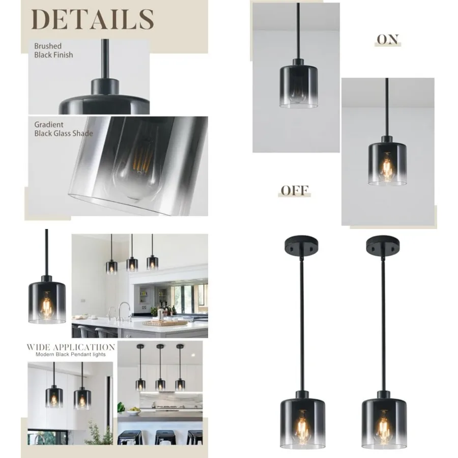 Black Pendant Light Fixtures, Modern Pendant Lights for Kitchen Island with Adjustable Rods, Industrial Glass Pendant Lights fo