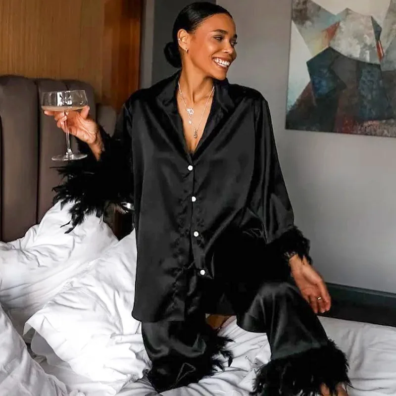 Trendy New Autumn Spring Feather Splicing Long Sleeve Trousers Two Piece Set High End Imitation Silk Women's Loungewear Black