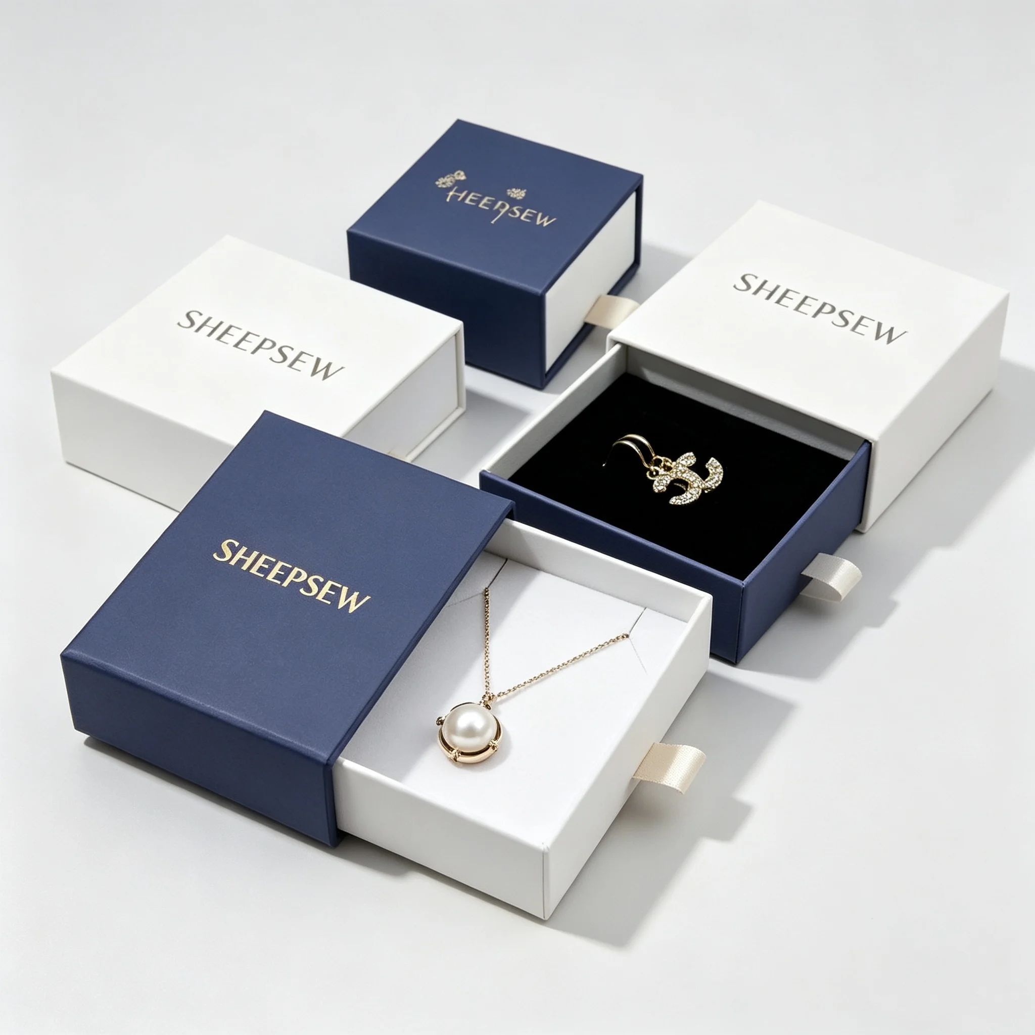50pcs Custom Logo Luxury Pearl Necklace Rings Earrings Packaging Boxes Recyclable Pendant Gift Rigid Paper Box