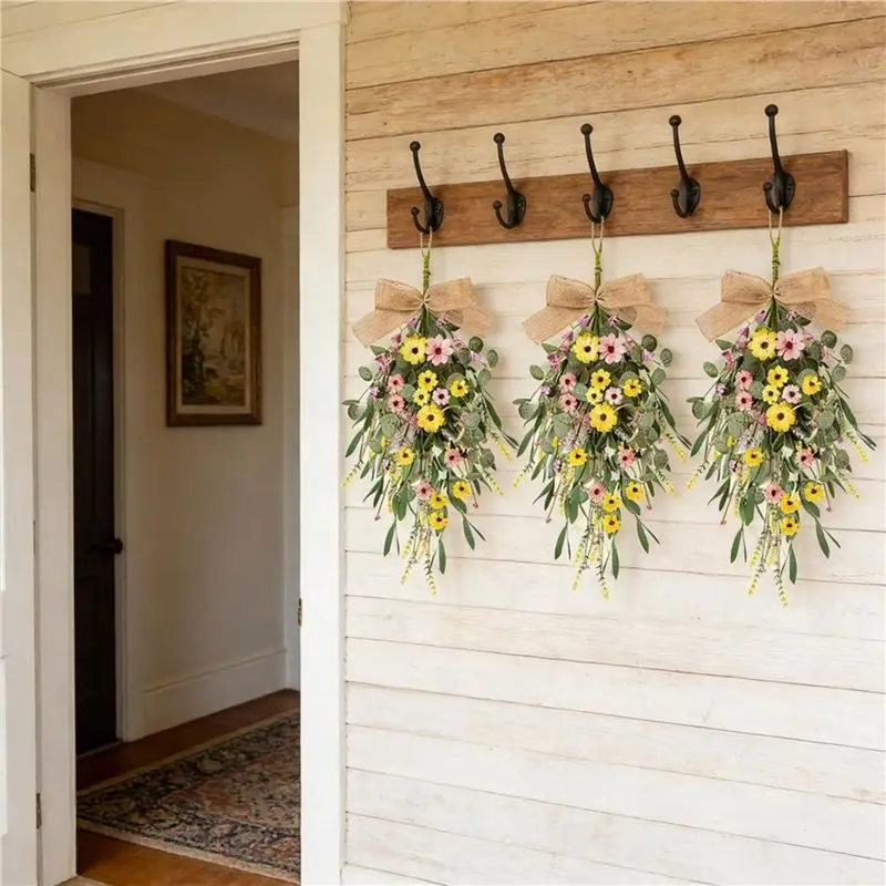 J1UL1N 22" Artificial Spring Summer Swag Wreaths 2Pcs Spring Summer Floral Teardrop Swags For Kitchen Cabinet Wreaths