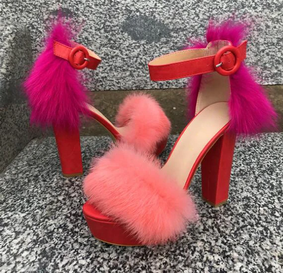 Summer Platform Contrast Fuchsia Watermelon Red Real Fox Fur Sandals Chunky High Heels Ankle Strap Buckle Women Banquet Shoes