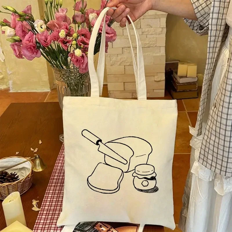 Bread Jam Line Art Canvas Tote Bag Minimalist Food Print Shoulder Bag Reusable Friendly Tote for Grocery