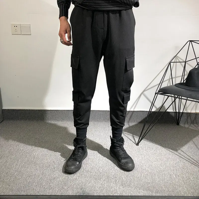 Avant-Garde  Men's Dark Fashion Multi-Pocket Loose Ankle-Tied Overalls European and American Street Stretch Sweatpants