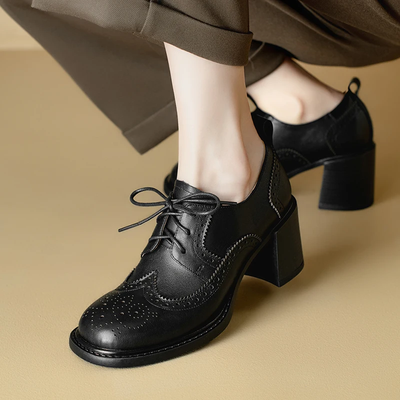 2026 new spring summer women pumps natural leather 22-25cm cowhide+sheepskin+pigskin  lace-up Brogues hollow-out women shoes