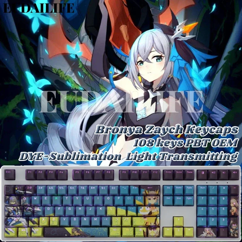 Bronya Zaych Honkai Impact 108 Key Caps PBT DYE-Sublimation Light-transmiting MX Cross Axis Switch Keycap Mechanical Keyboard