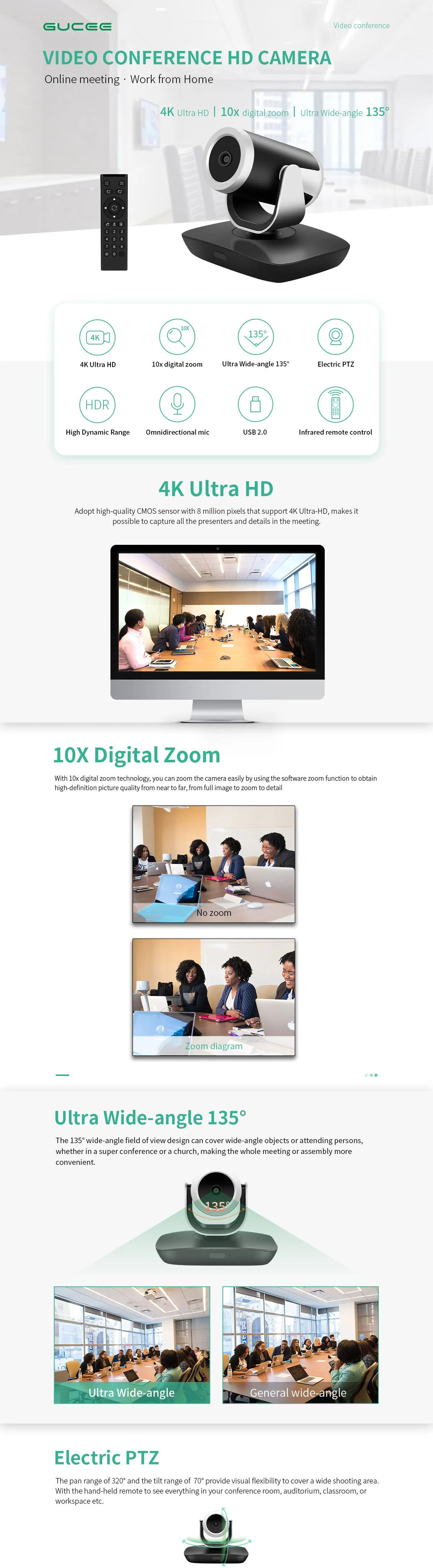 8MP 4K UHD 360Degree Wireless PTZ USB Webcam 10x Zoom 3D Noise Reduction HDR Video Camera For Online Teaching Video Conference