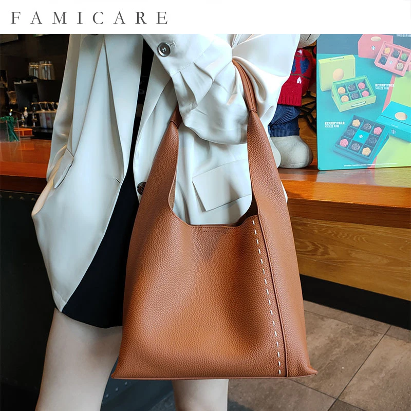 New Women's Soft Cowhide Leather Tote Bag Large Capacity Commuter Shopping Handbag One-Shoulder Underarm Bucket Style for Ladies