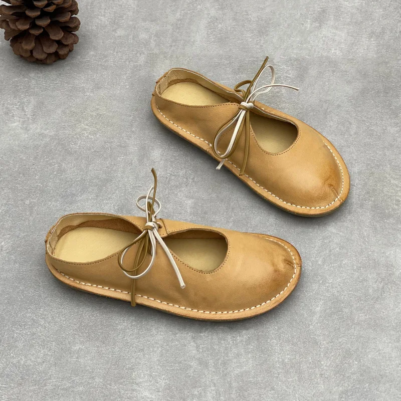 2026 Summer Round-Tip Flat-Wedge Weatherproof Old Leather Outdoor Flip Flops for Women Handmade Genuine Leather Head-Top Sandals