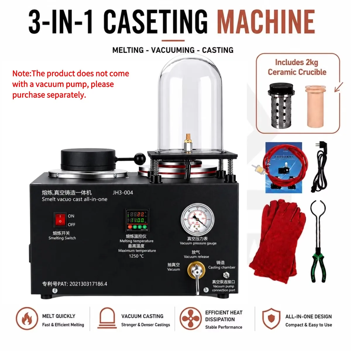 110V 1150 Digital Jewelry Melting Furnace With Ceramic Crucible Kit Lost Wax Casting Machine 3-in-1 Jewelry Vacuum Metal Smelting for Aluminum Silver Gold Jewelry Gold Silver Smelting Mold 2kg Jewelry Casting & Gold Melting Furnace