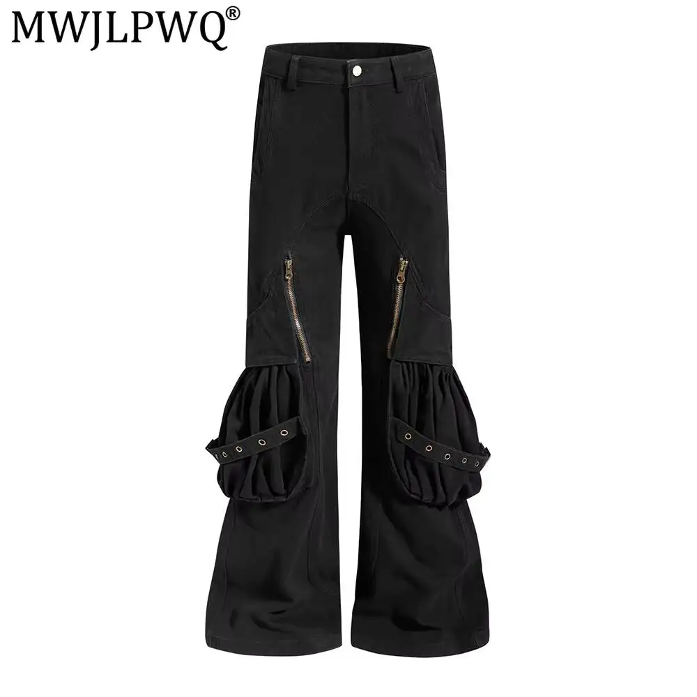 MWJLPWQ Large-Pocket Cargo Flared Pants Men Street Trendy Deconstructed Patchwork Unique Niche Design Tie Straps Trousers 20256