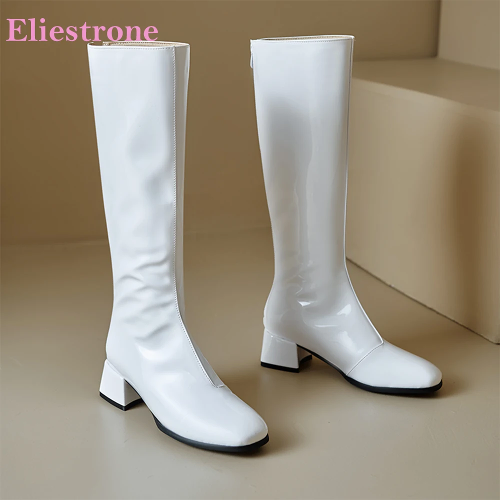  Winter New Glamour White Pink Women Knee High Boots Med Block Heels Lady Riding Shoes Plus Small Big Size 32 44 46