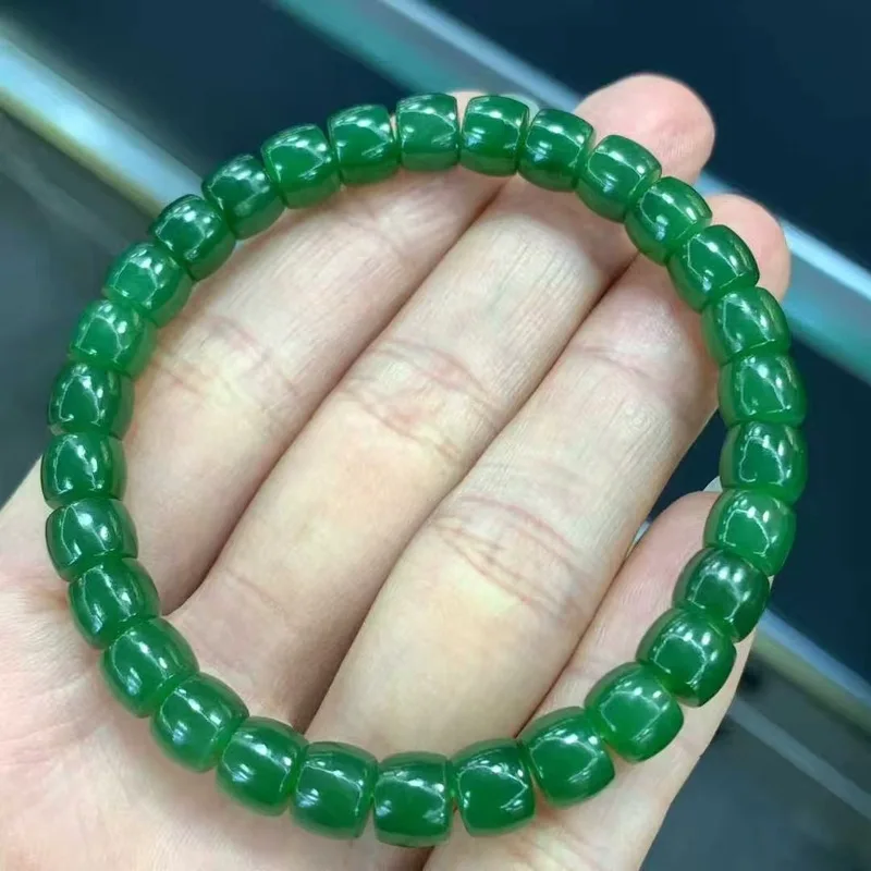 Natural Hetian Jade 6X7Mm Old Style Single Strand Bracelet With Chain Beads
