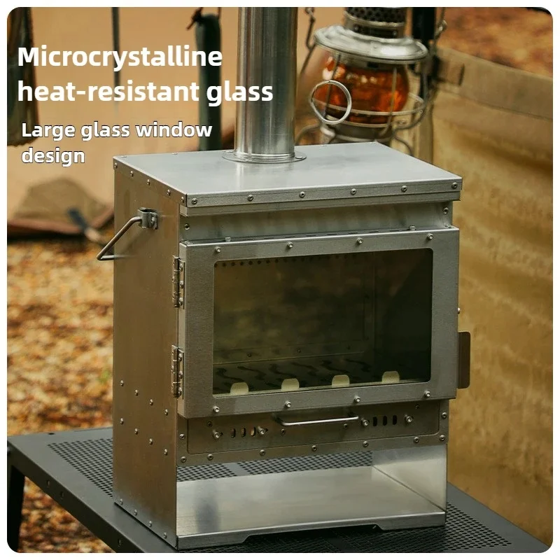 Large Glass Window Stainless Steel Smokeless Wood Stove for Camping Tent Secondary Burning Firewood Heater Portable Brazier