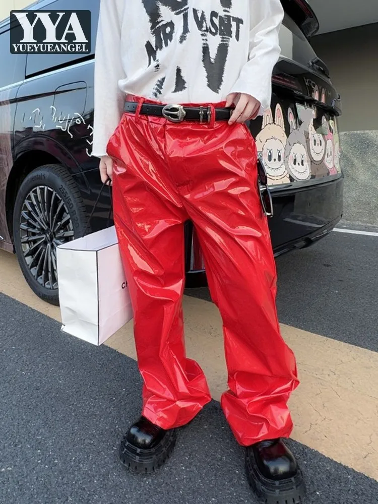New Casual Mens Slim Fit Pu Leather Solid Color Straight Pants Stage Show Long Trousers Streetwear Fashion Night Clubwear Pants