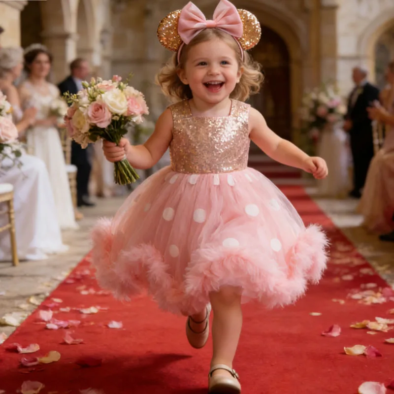 Girls Party Dresses Kids Pink Polka Dot Princess Dress With Bow Birthday Party Puffy Dress For Girls Wedding Bridesmaid Dress