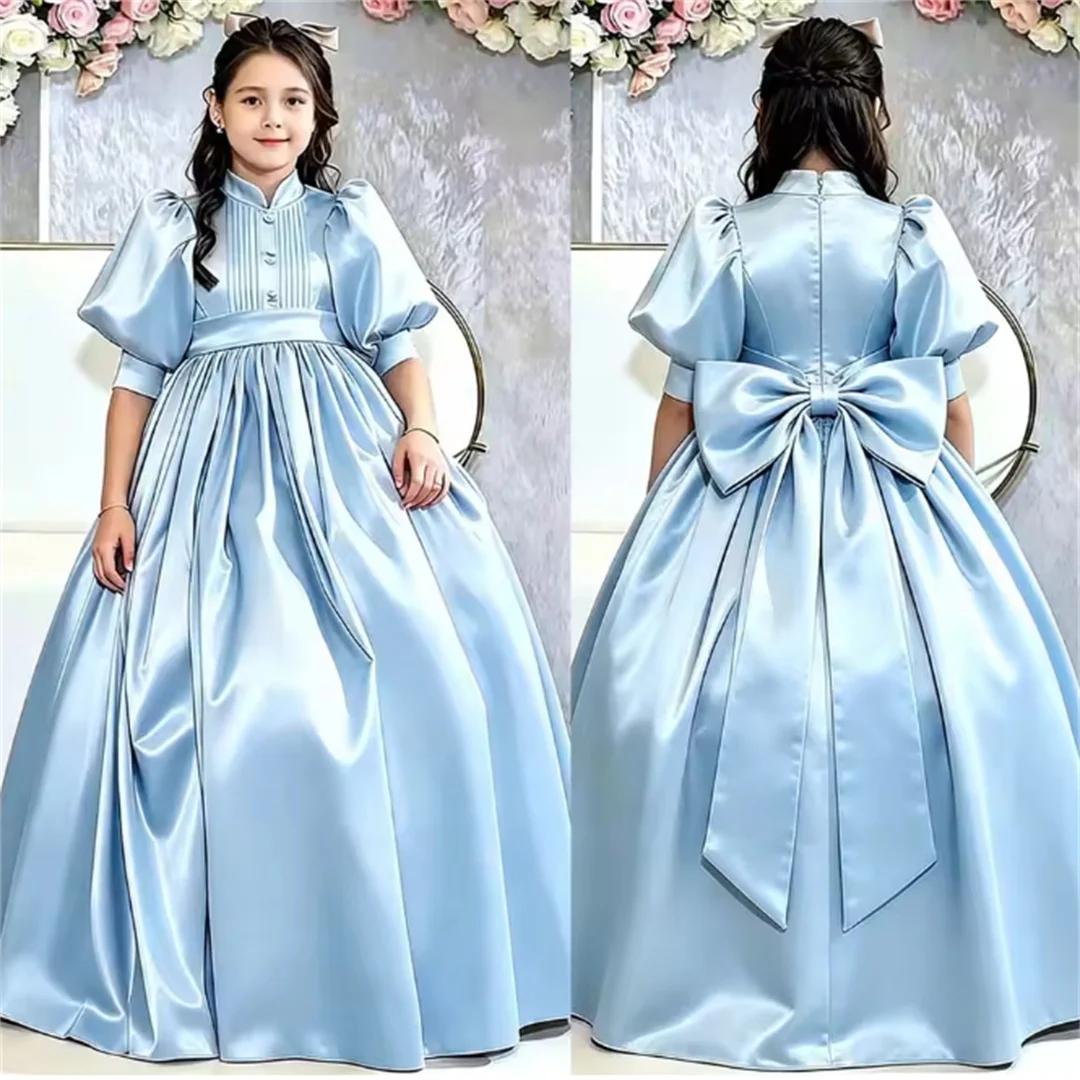 Classic Satin Pleated Flower Girl Dress for Wedding Kids High Neck Bubble Sleeves Ball Gown Princess Holy Communion Dress