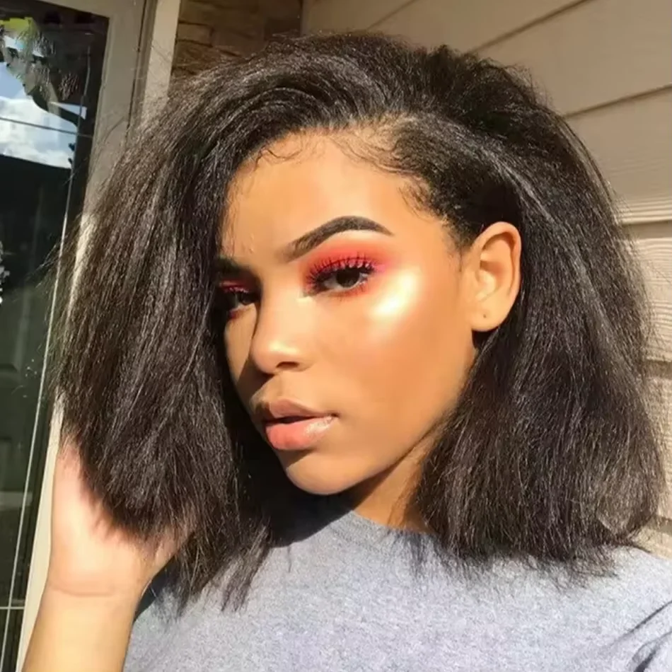 Short Bob 250% Density Kinky Straight 13x4 HD Lace Front Human Hair Wigs Women Brazilian Glueless Lace Frontal Wigs Coarse Yaki