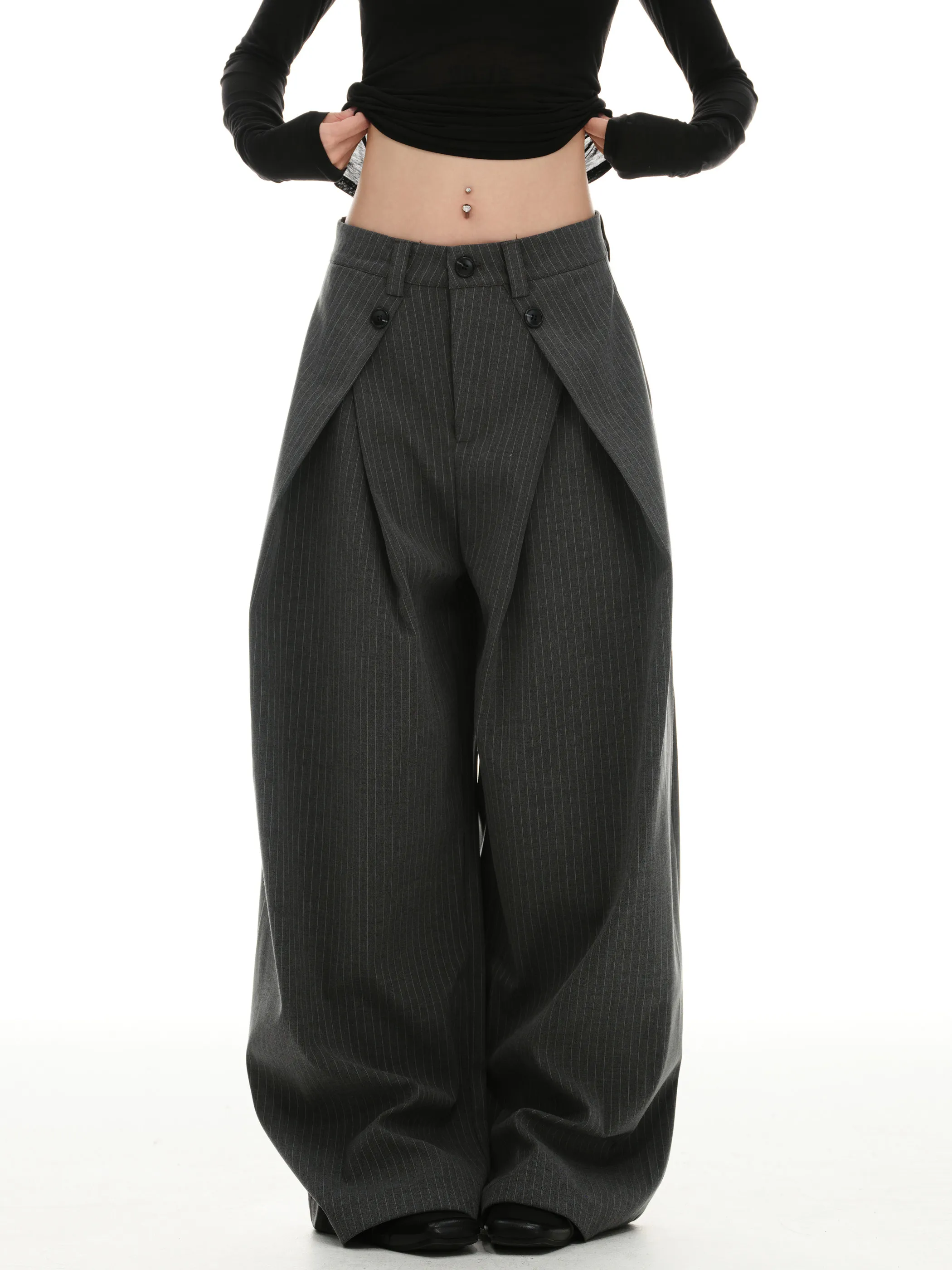 Gray Straight Leg Casual Trousers Men's Wide Leg Long Pants American Street Style Retro Money Look Premium Design Sensation