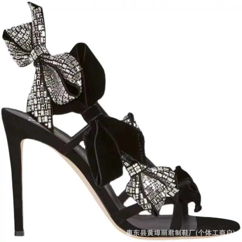 Fairy Style One Strap Open Toe Sandals Women Thick Heel Rhinestone Bow Luxury Runway Party Evening Banquet Shoes Zapato De Mujer
