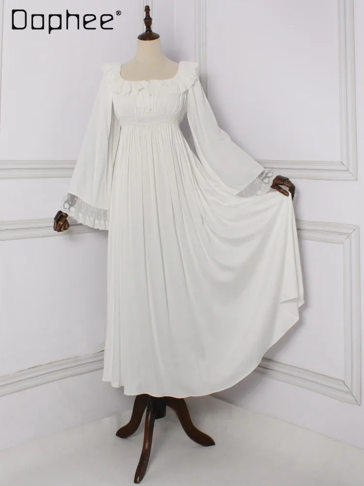 French Retro Gentle Style Square-neck Ruffled Wooden Earlobe Collar Trumpet Sleeve Lace-trimmed Loose-fitting Women's Home Wear