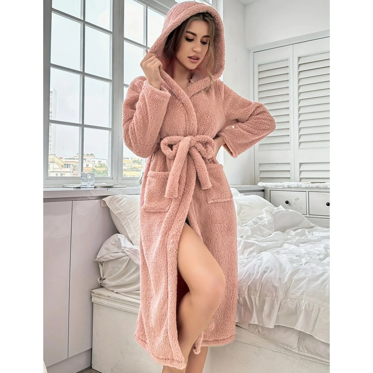 Women Lapel Bath Robe Self Tie Waist Long Sleeve Mid Length Nightgown With Pocket Casual Home Lounge Sleep Robe