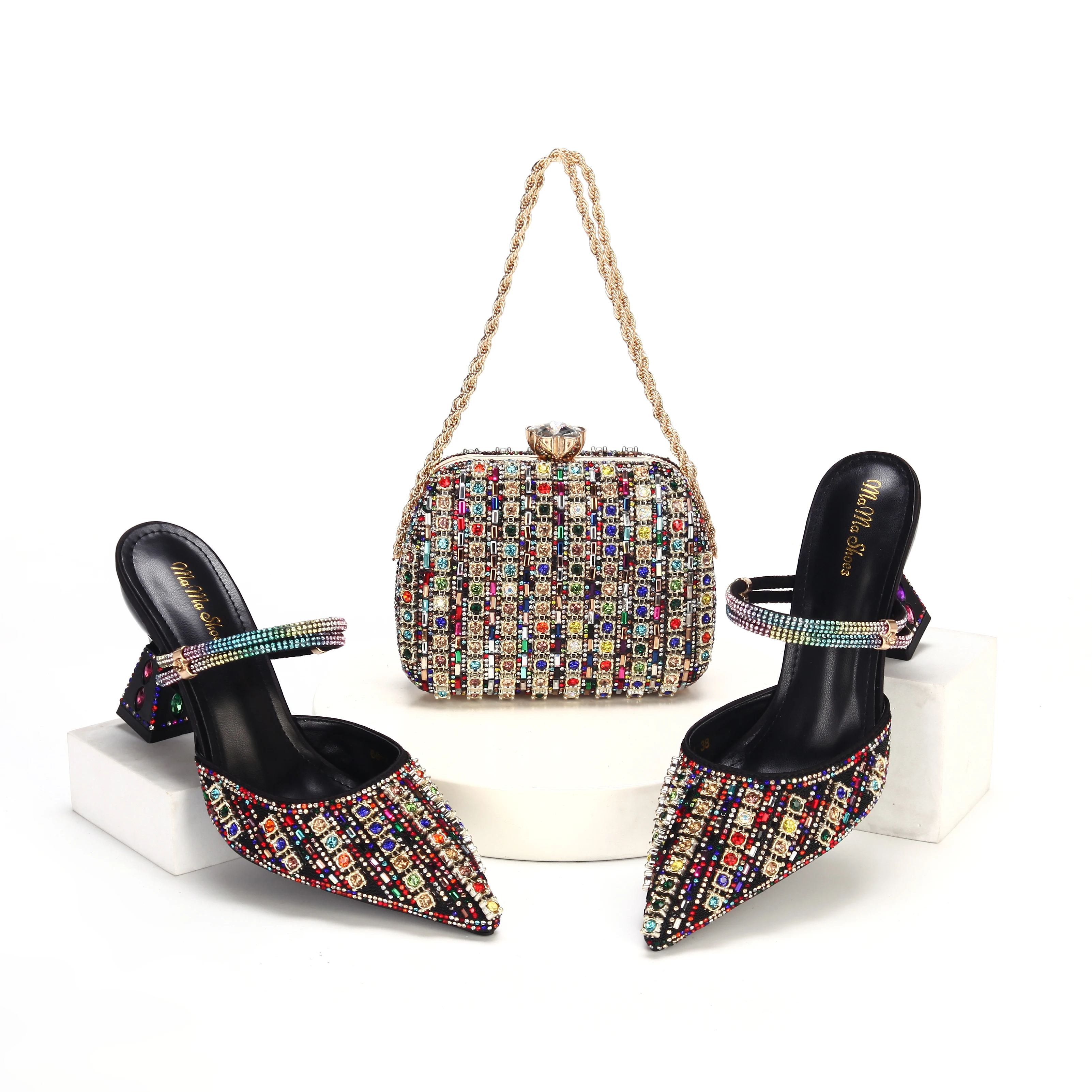 2025 Elegant Multicolor Color Women's High Heels and Rhinestone Handbag Set Italian Design for Weddings and Parties 66-4
