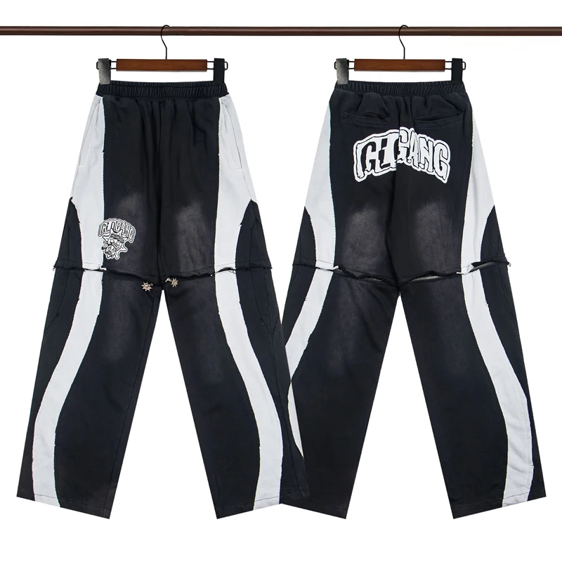 Vintage Washed Cargo Sweatpants Men Detachable Zipper Wide Leg Streetwear Casual Glo Gang Trousers