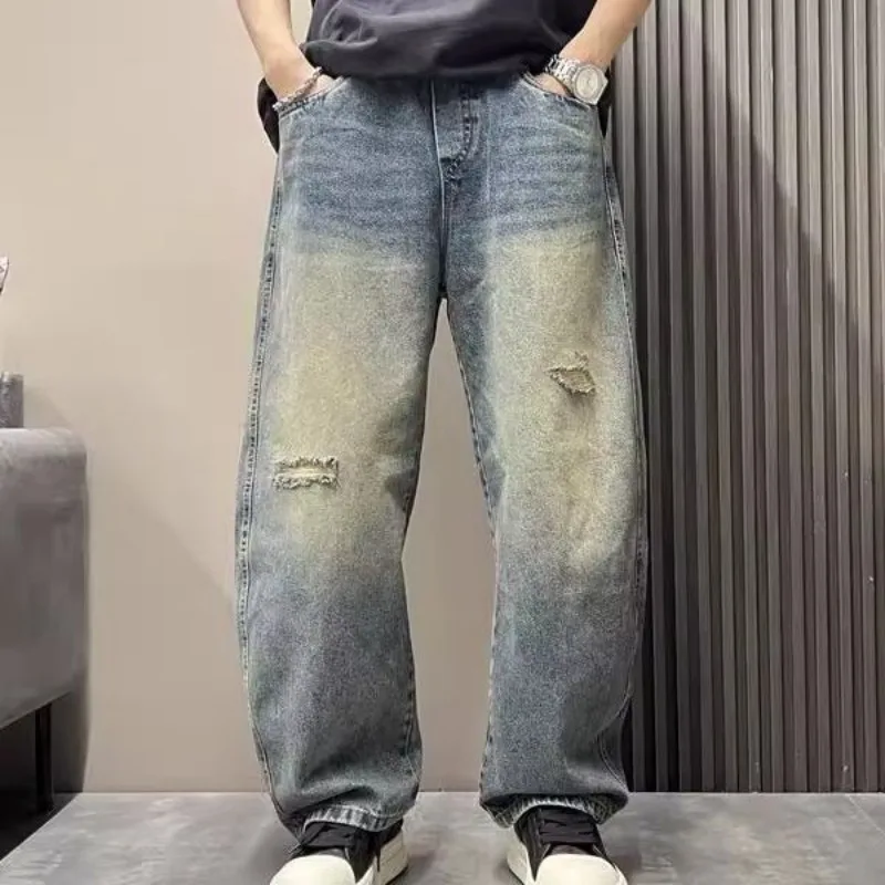 Men Washed Distressed Ripped Jeans High Waist Loose Wide Leg Casual Denim Long Pants