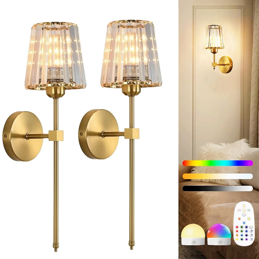 Battery-Powered Crystal Wall Light, Gold Wireless Wall Light with USB Charging Bulb, 15-Color Dimmable Wall Light with Remote Co
