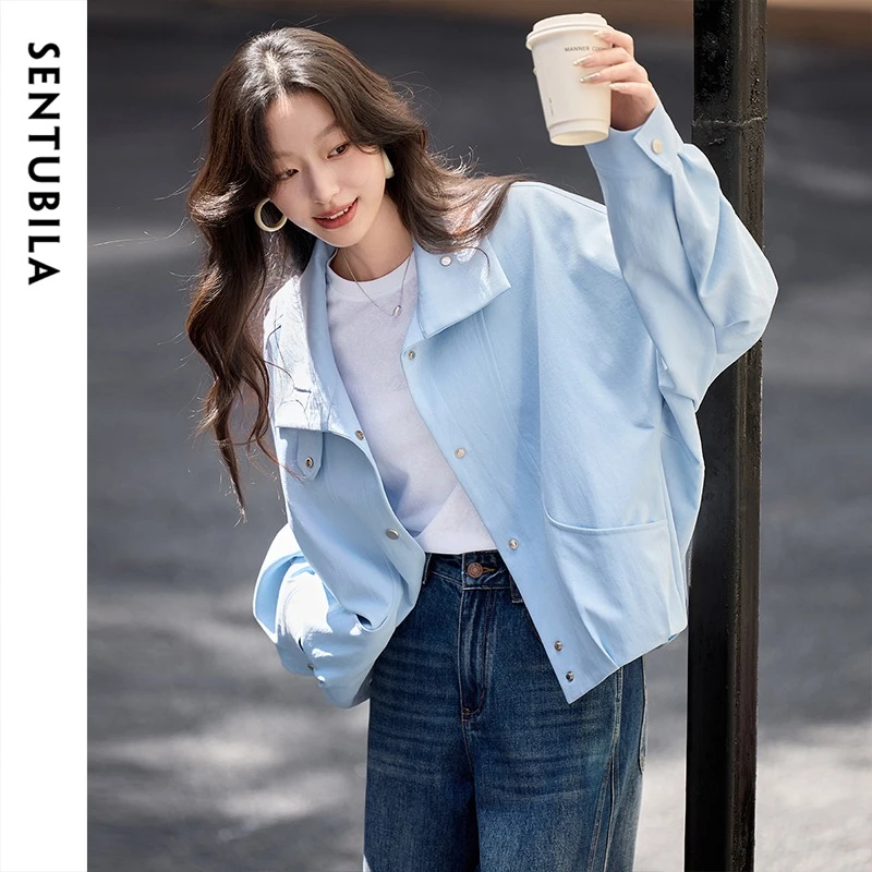 SENTUBILA Jacket Women Casual Long Sleeve Loose Fit 2026 Winter Coat Female Office Lady Solid Stand Neck Ladies Tops 153WB2181