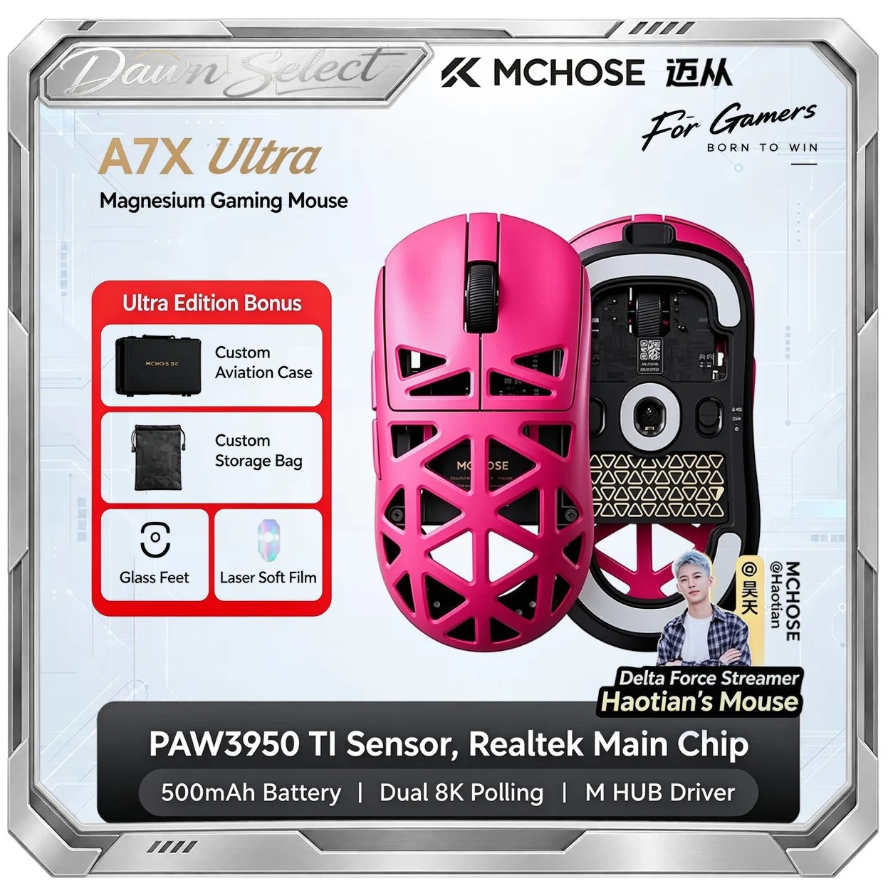 MCHOSE A7X Ultra Magnesium Alloy Wireless Gaming Mouse PAW3950 TI Sensor Dual 8K Polling Rate 53g Ultra-Lightweight Tri-Mode